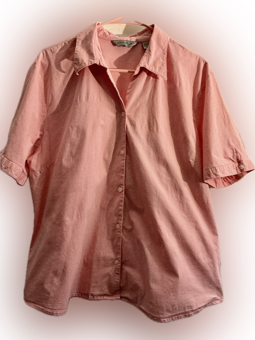 Eddie Bauer Pink Gingham Button Front Shirt XXL Cotton Stretch Short Sleeve
